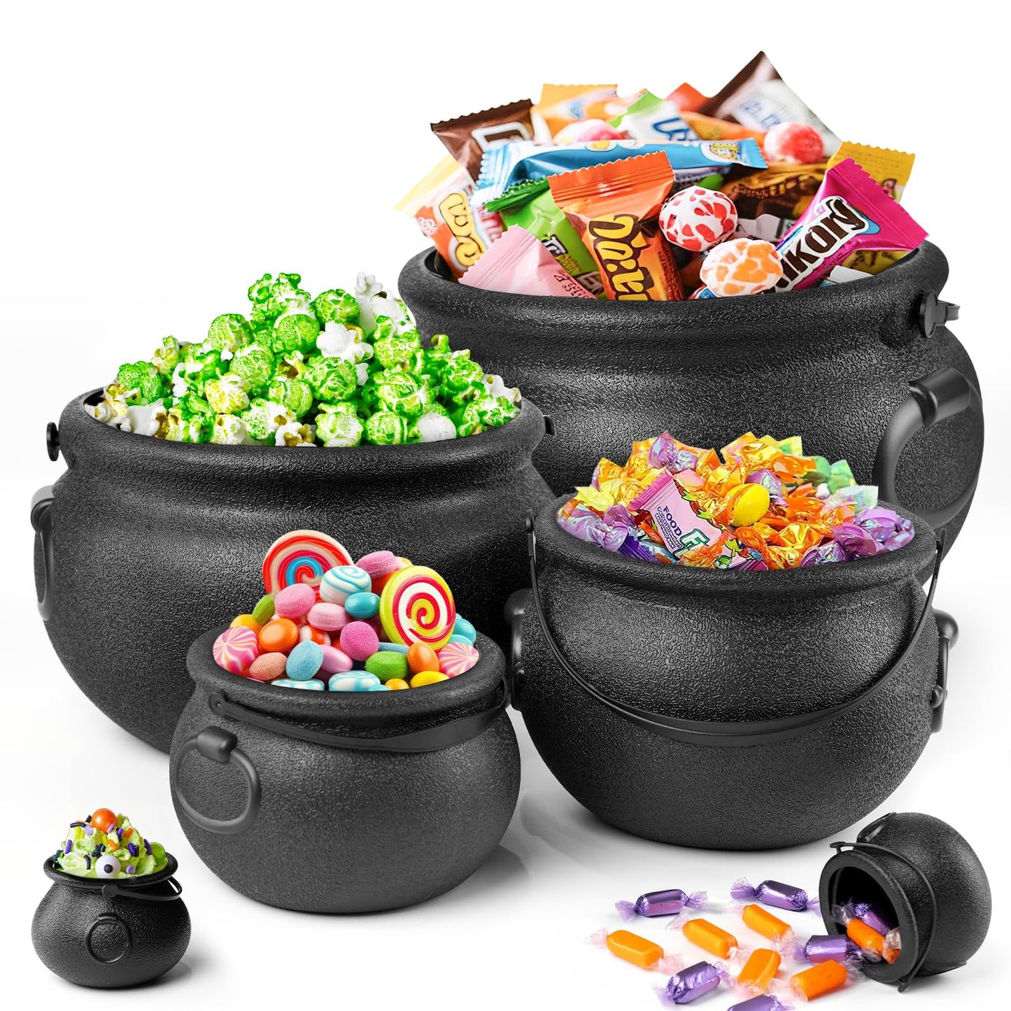 Zesua Halloween Decorations - 6 in 1 Package Large Black Plastic Witches Cauldron - Cauldron Candy Bowl - Trick or Treat - Cauldron Pot for Indoor Outdoor Party Table Decor