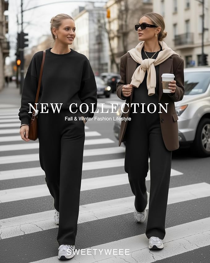 Sweetyweee Women's 2 Piece Outfits Set Fleece Lined Lounge Sweatsuit Crewneck Pullover Top Wide Leg Pants Casual Tracksuit
