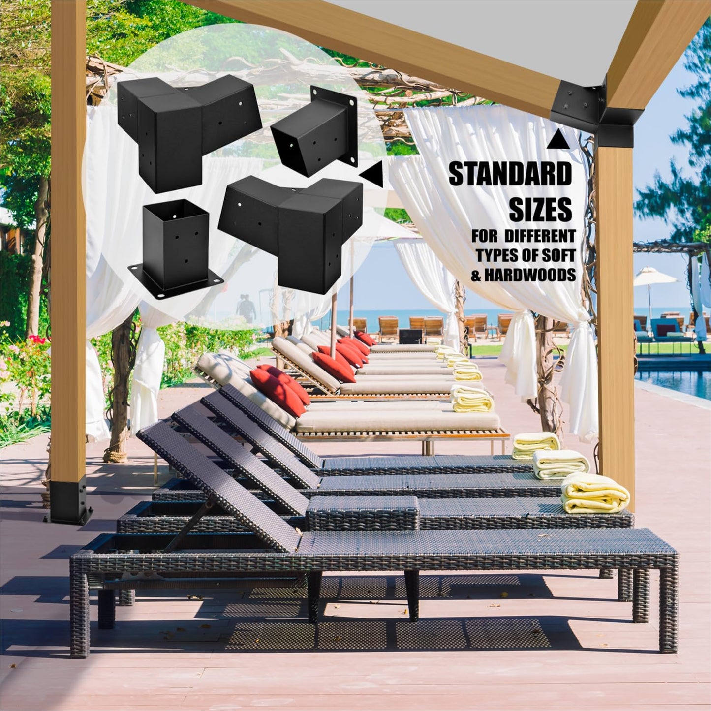 Pergola Kit, 15° 3-Way Slanted Roof Pergola Bracket Set, Roof Wall Mount Extension Bracket 4" x 4" (Actual 3.5" X 3.5") - Set 9