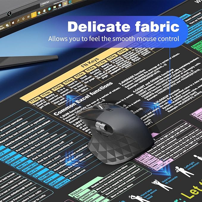 Excel Cheat Sheet Desk pad—Contains 12 Types of Common Skills in Excel and Word|Large XL Size（31.5 * 11.8 inch）|Desk mat for Keyboard and Mouse|Work、Study、Gaming Mouse pad|Waterproof、Anti-Slip