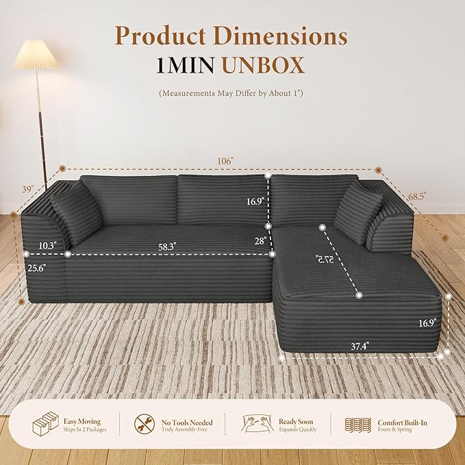 Vesgantti 106" Cloud Couch with Chaise, Deep Seat Fluffy Modular Sectional Sofa Corduroy Memory Foam Boneless Couches for Living Room Bedroom, No Assembly Required (Grey, Right-Facing Chaise)