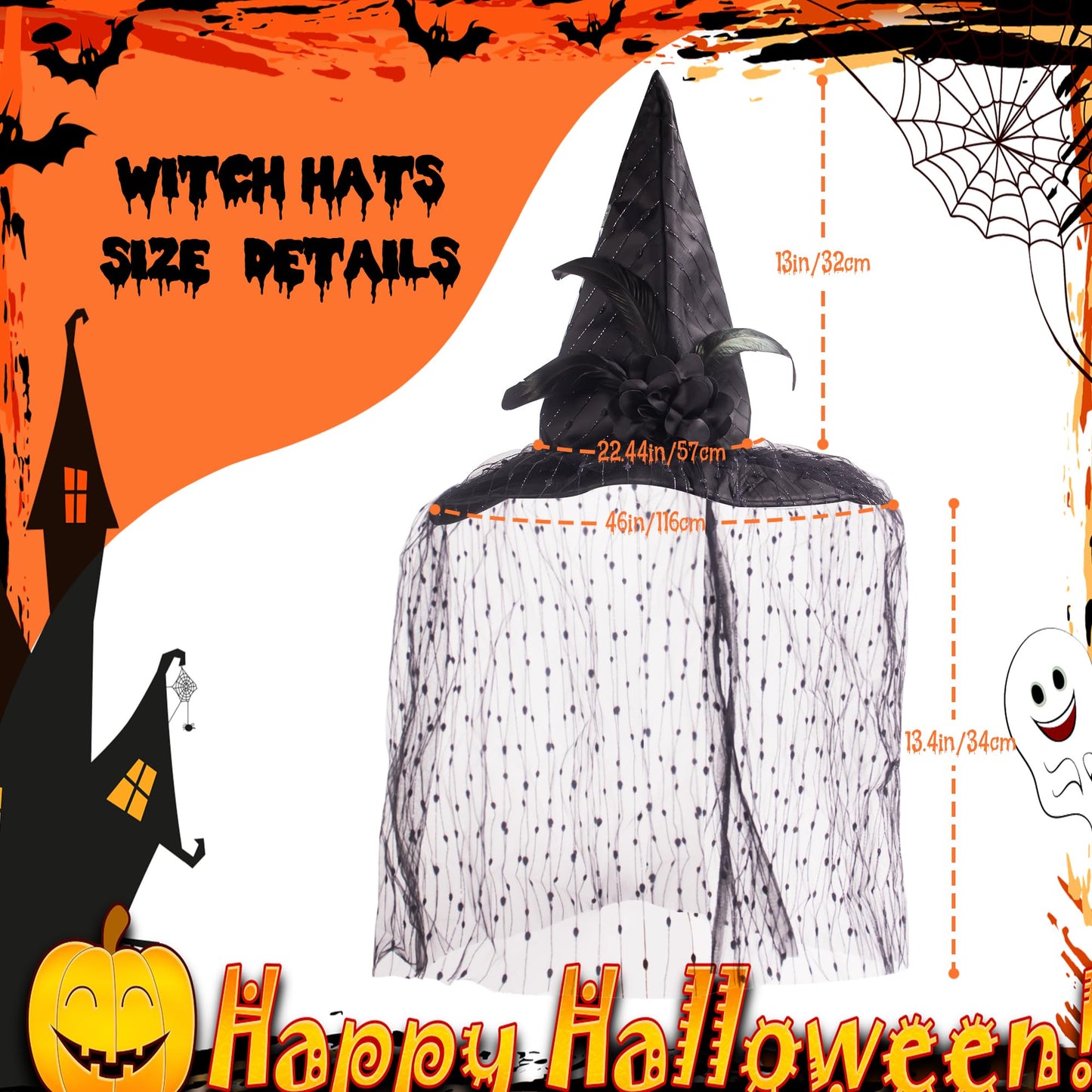 Suwaoo Halloween Witch Hat - Lace Halloween Costumes Outfit for Women, Witches hats for Women Adult Attached Veils Cosplay Costume Halloween Accessories for Decorations, Standard, Black