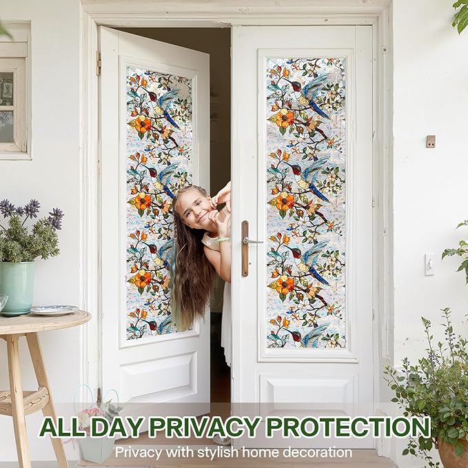 Stained Glass Window Film UV Resistant Window Privacy Film Hummingbird Floral Privacy Rainbow Decals Living Room Bedroom Sun Blocking Decor Removable Static Cling Stickers 17 x 39.37 Inch