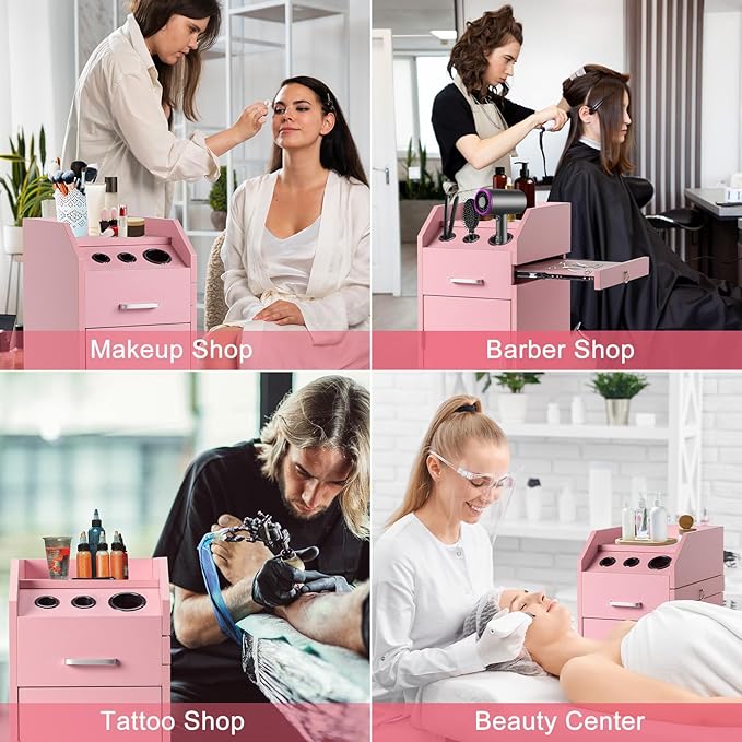 Winado Hair Salon Storage Cart with Wheels & 3 Hair Dryer Holders & 4 Drawers & Lock & 2 Keys, Hairdressing Tools Station Mobile Makeup Case, SPA Utility Trolley (Pink)