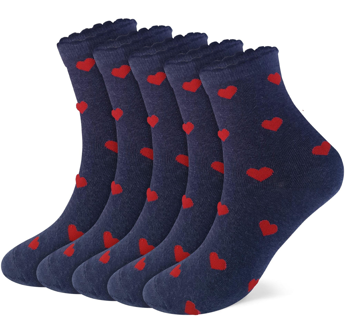CUTIE MANGO 5 Pairs Women's Heart Pattern Print Cotton Daily Casual Crew Socks Novelty Premium K-Socks Fashion Soft Lovely Cute Crazy Fun Size 6,7,8,9,10 US for Womens - Navy