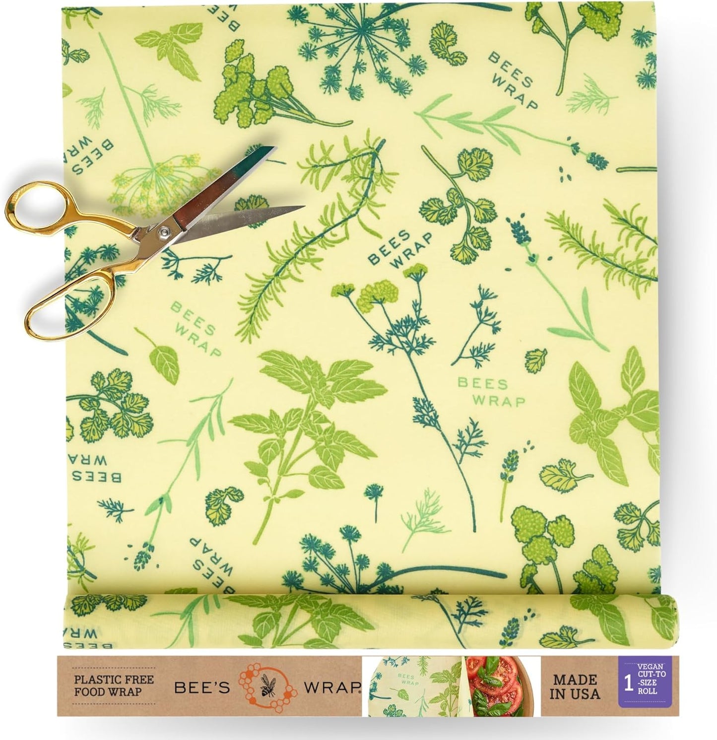 Bee's Wrap Vegan Beeswax Wraps for Food - Cut to Size 14x52" Wax Paper Roll - Made in USA Reusable Waxed Paper Bowl Covers, Organic Eco-Friendly Alternative to Aluminum Foil, Herb Garden