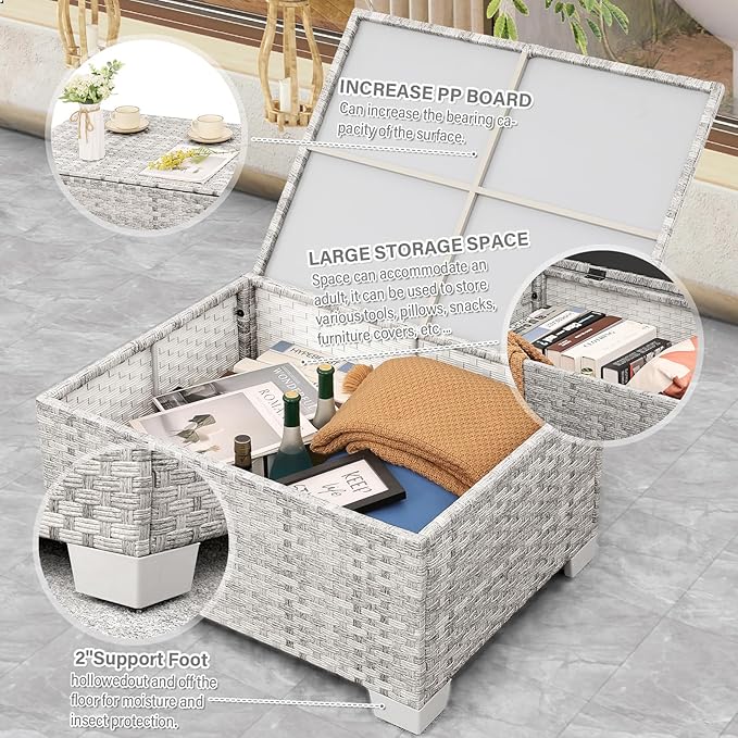 WAROOM Patio Furniture Set 6 Piece Outdoor Patio Set Grey Wicker Balcony Furniture Conversation Sets PE Rattan Couch Sofa with Coffee Table, Blue Cushion