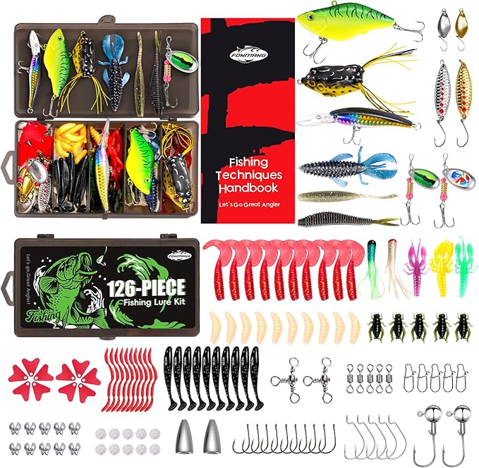 FONMANG Fishing Lures - Tackle Box with Tackle Included, Fishing Kit with VIBs, Frogs, Minnows, Soft Baits, Hooks & Weight...