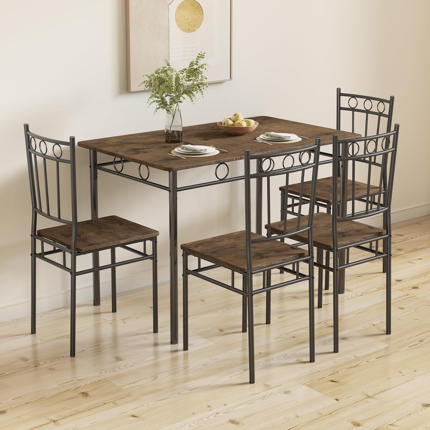 AMICLIBER Dining Table Set for 4, 5-Piece Kitchen Table and Chairs, Rectangular Dining Room Table Set with 4 Chairs, Space-Saving Kitchen Table Set for Small Space,Dinette,Apartment,Retro Brown