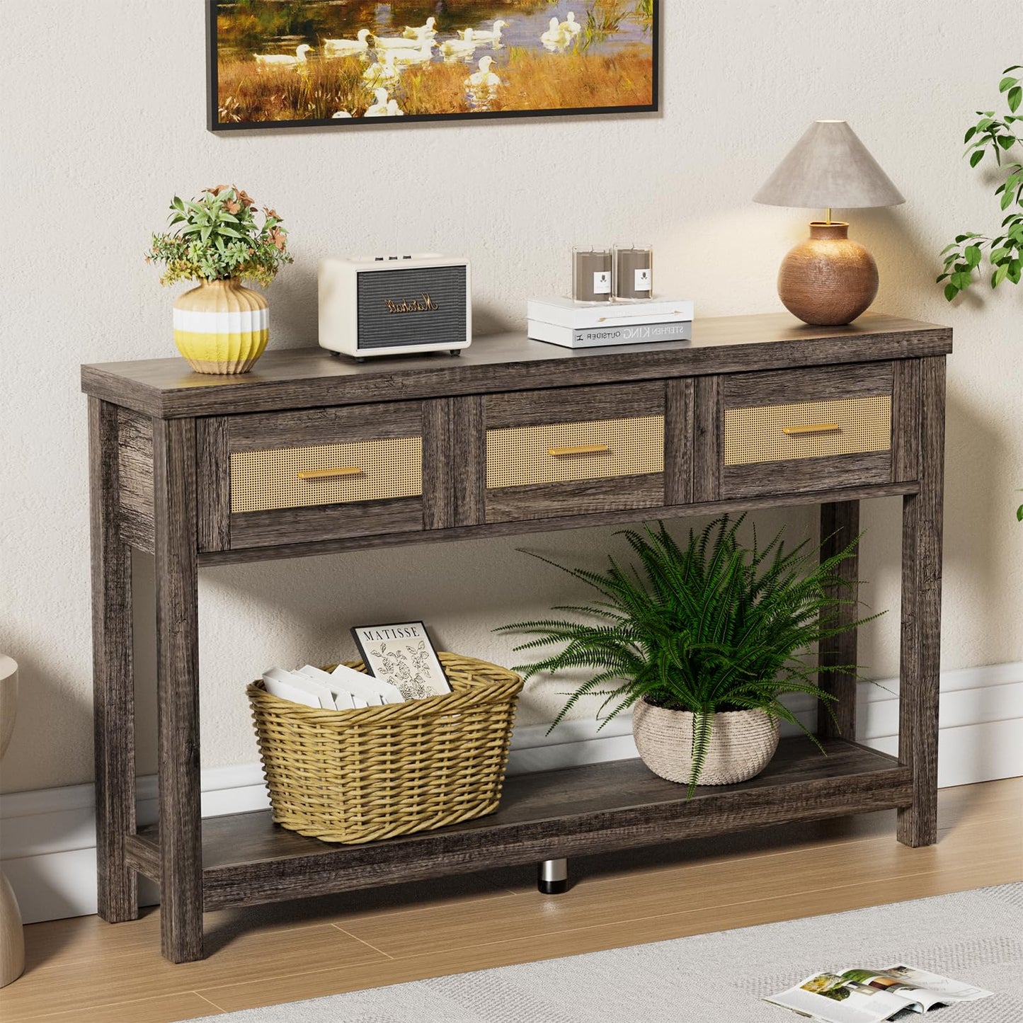 Alaxgumrol 51.2" Console Table, Industrial 2-Tier Narrow Sofa Table Entryway Table with 3 Drawers, Wood Accent Tables with Storage Shelf for Living Room, Hallway, Foyer, Entrance Bedroom Gray Oak