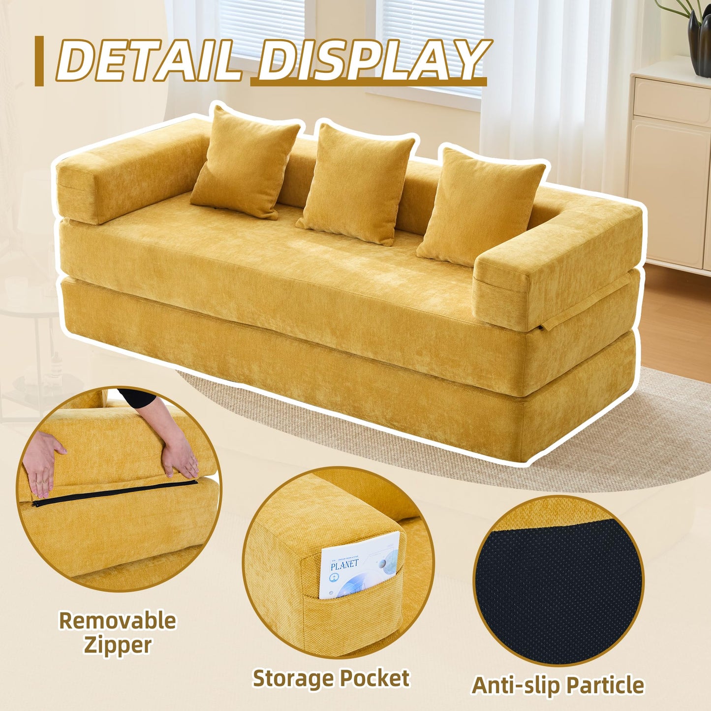 ZEIINPA Convertible Floor Sofa Bed with Storage Pocket, Chenille Folding Mattress Sofa with Zipper Closure, Floor Lounge Couch for Living Room, Bedroom, Studio -Yellow