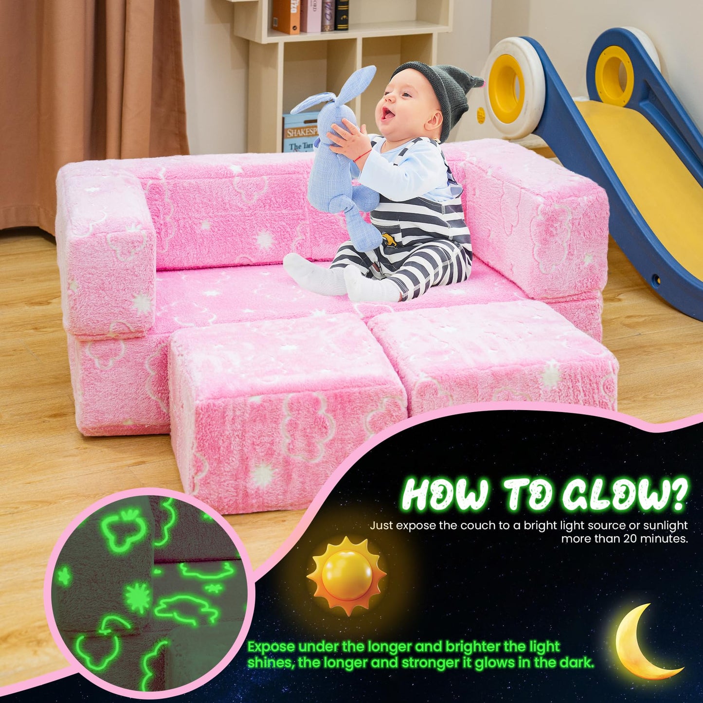 furlinkhm Toddler Couch, Glow in The Dark Kids Play Couch Toddler Fold Out Couch, Kids Fold Out Couch for playroom, Convertible Baby Fold Out Play Foam and Floor Cushion for Bedroom, Pink+Clouds