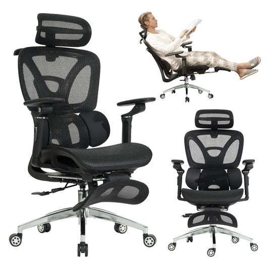 Ergonomic Mesh Office & Gaming Chair with Footrest, High Back Home Office Desk Chair, Comfortable 3D Lumbar Support, 130° Tilt, Adjustable Seat Depth, Adjustable 6D Armrest & 3D Headrest(Black Pro)