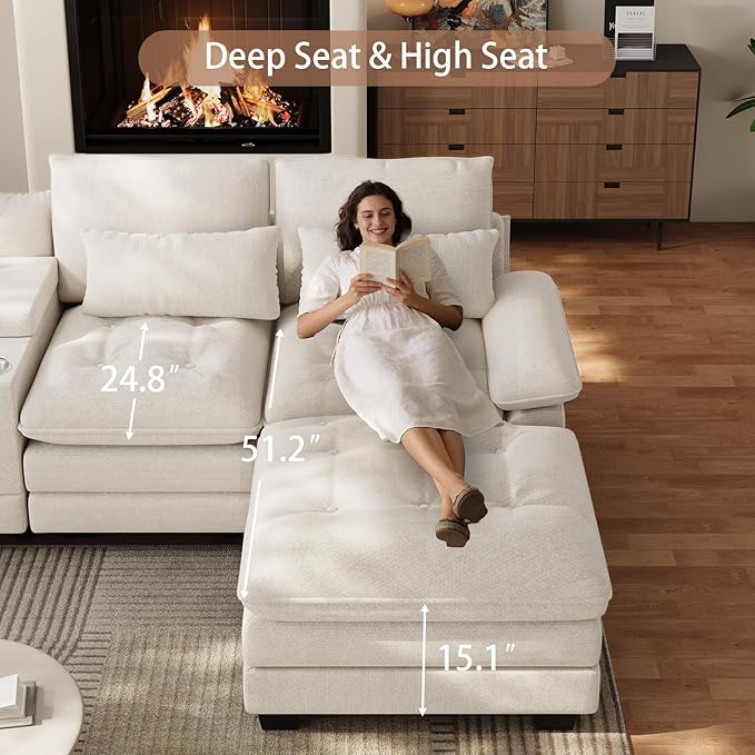 BEQAI 134"U Shaped Sectional Couches for Living Room, Oversized Modular Sectional Fluffy Couch with 2 Ottoman & Storage Console,Modern 6 Seat Living Room Sofa with Glitter Fabric,Tufted Buttons, Beige