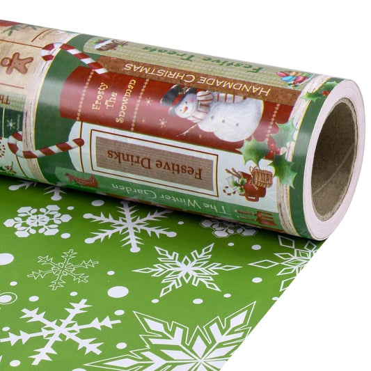 RUSPEPA 30" X 32.8' Reversible Christmas Wrapping Paper Large Paper Roll, Jumbo Roll, Vintage Christmas Bookshelf Design, Green White Snowflake Gift Wrap for Friends, Family, Xmas Holiday Gifts