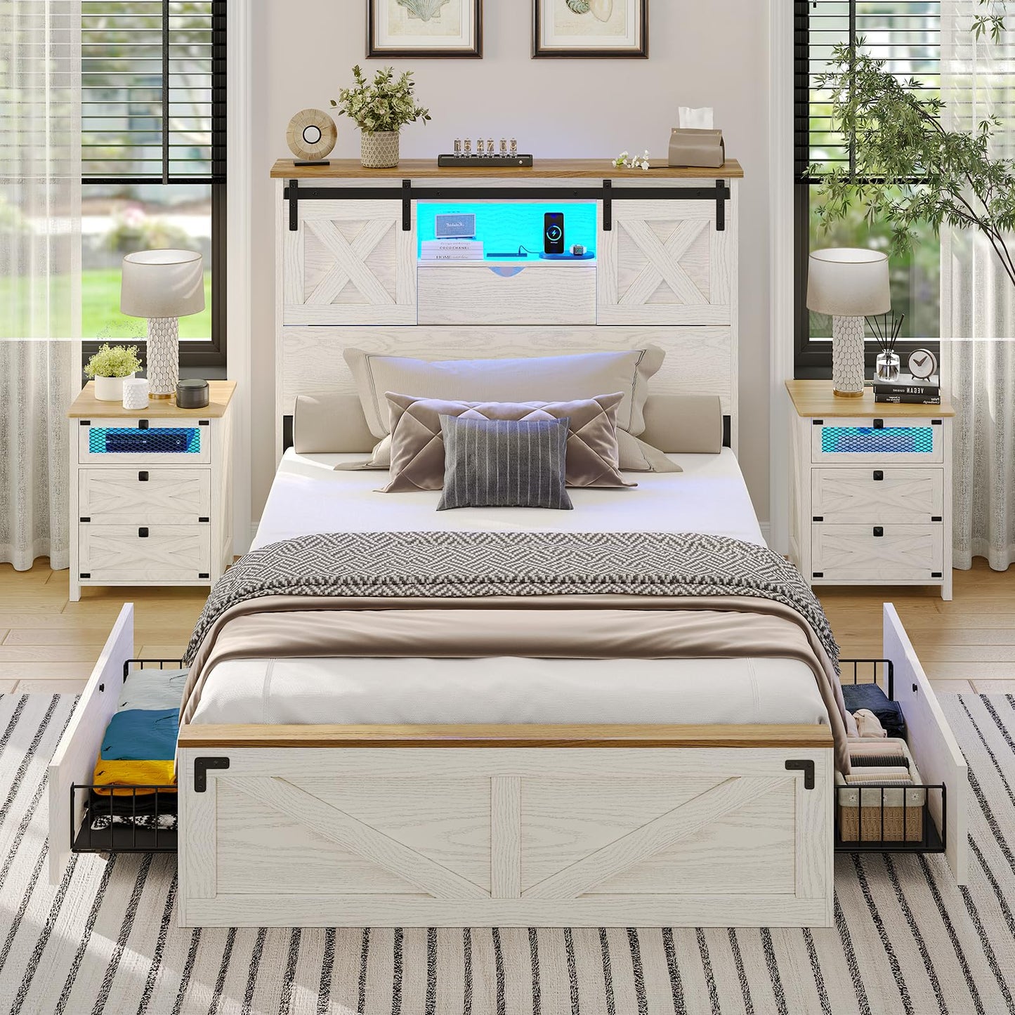 Hasuit Farmhouse Bed Frame Twin XL Size with 2 Storage Drawers, Wooden Platform Twin XL Bed with LED Lights and Charging Station, Rustic Headboard with Sliding Barn Door Storage Cabinets (White)
