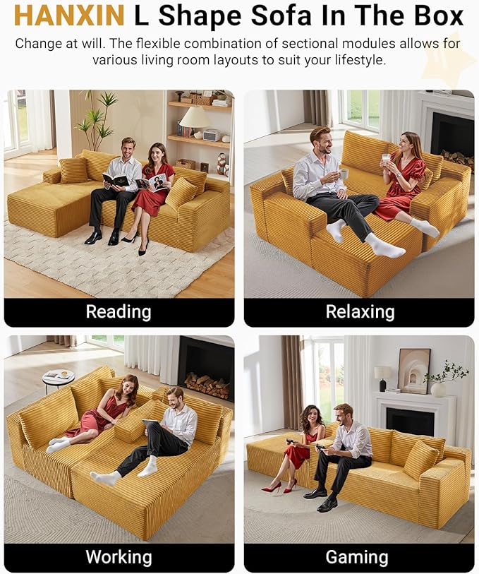 105 Inch Modular Sectional Sofa,Modern Cloud Sectional Couch with Deep Seat,Corduroy Boneless Couches with L-Shape Chaise for Living Room Bedroom,No Assembly Required (Yellow, Left Facing Chaise)