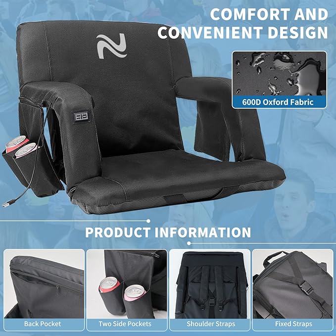 NAIZEA Wide Heated Stadium Seat for Bleachers w/Back Support & Cushion, Portable Bleacher Seats Foldable Stadium Chair with Armrests for Sports Events, Outdoor, Camping, Hiking-No Power Bank