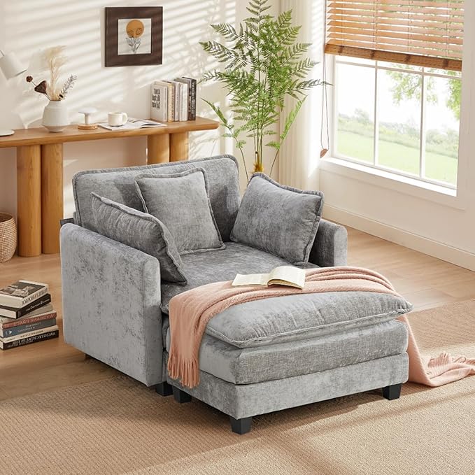 SoarFlash Chenille Sectional Sofa, Comfy Modular Single Sofa with Ottoman, Modern Recliner Deep Seat Sofa Set for Living Room,Grey