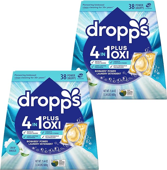 Dropps 4-in-1 Plus Oxi Crisp Breeze Power Biobased Laundry Detergent Pods (76 Pods) - Chlorine-Free Bleach Alternative Biobased Laundry Whitener, Stain & Odor Remover