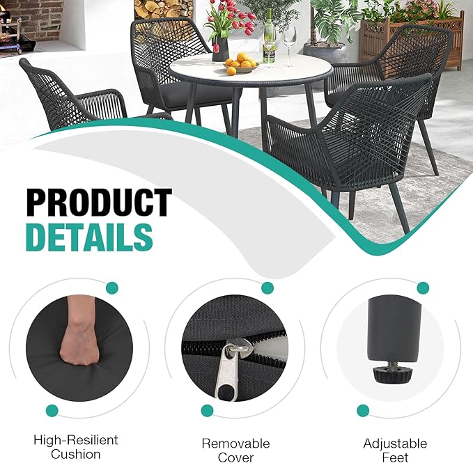 Patiorama Patio Dining Chair Set of 4,Woven Rope Outdoor Dining Chairs w/Steel Frame,All-Weather Twisted Rattan Chairs w/Armrest & Cushion,Outdoor Dining Wicker Chairs for Backyard Garden(Dark Grey)