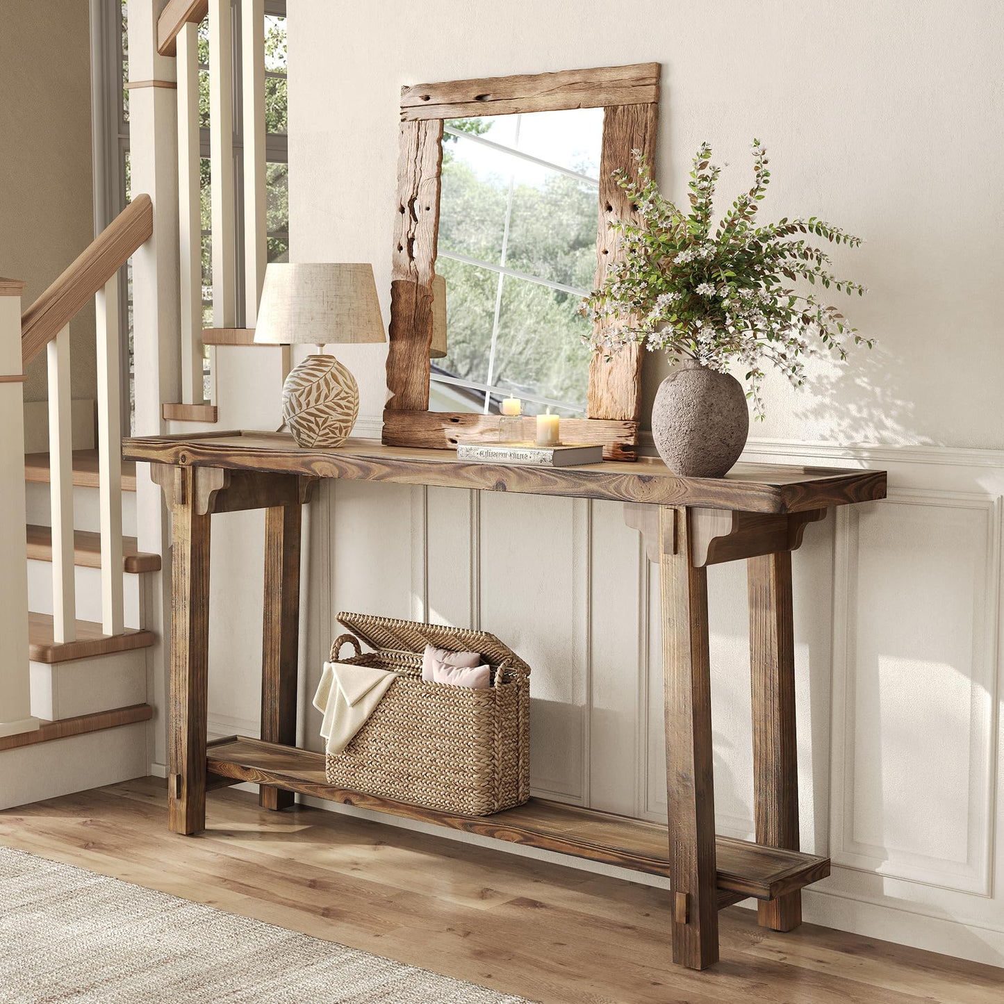 TRIBEWOOD Solid Wood Console Table for Entryway, 63-Inch Long Farmhouse Sofa Table Behind Couch with 2-Tier Storage, for Living Room, Foyer, Hallway, Entrance, Rustic Brown