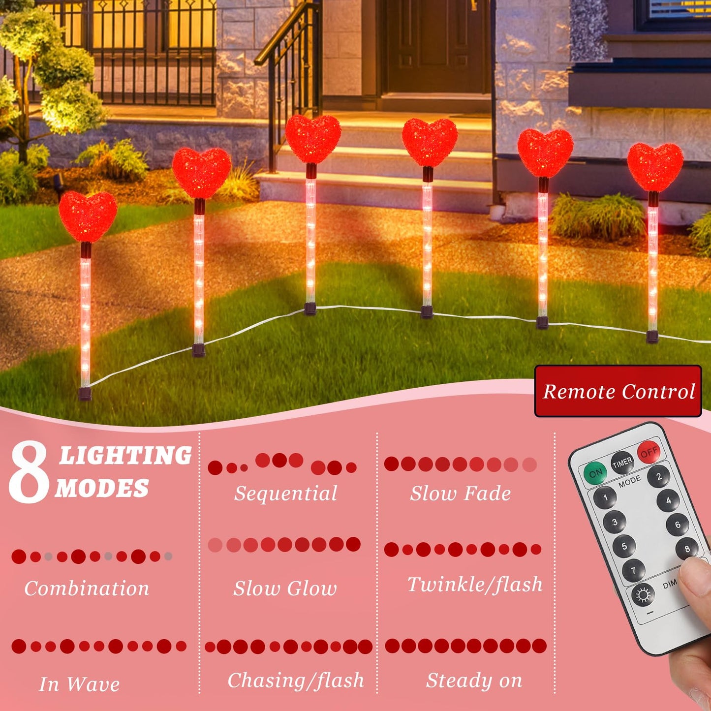YUNVI 6 Pack Valentine's Day Pathway Lights,8 Modes LEDs Red Heart Stake Light with Timer Valentine Walkway String Lights Markers for Outdoor Backyard Patio Lawn Garden Party Decoration