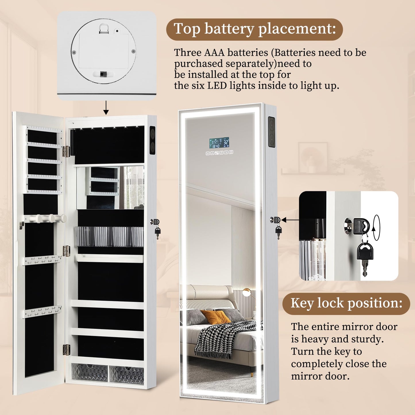 chaoguan LED Mirror Jewelry Cabinet with Bluetooth Speaker, Wall/Door Mounted Jewelry Organizer Armoire, Full Length Lighted Mirror with Jewelry Storage,Jewelry Box Standing for Women