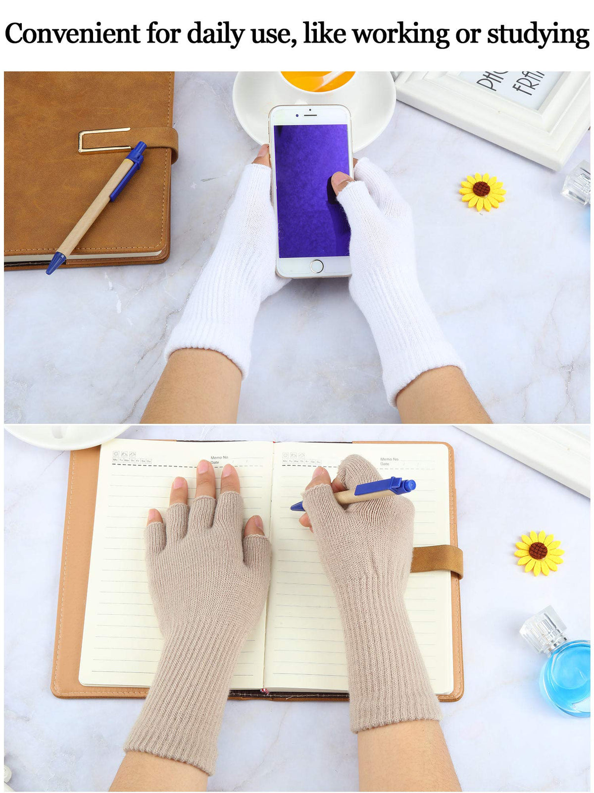 SATINIOR Winter Fingerless Gloves for Women Half Finger Typing Gloves with Long Wrist Cuff Knit Fingerless Mittens for Women(Black, White, Dark Grey, Light Tan,4 Pairs)