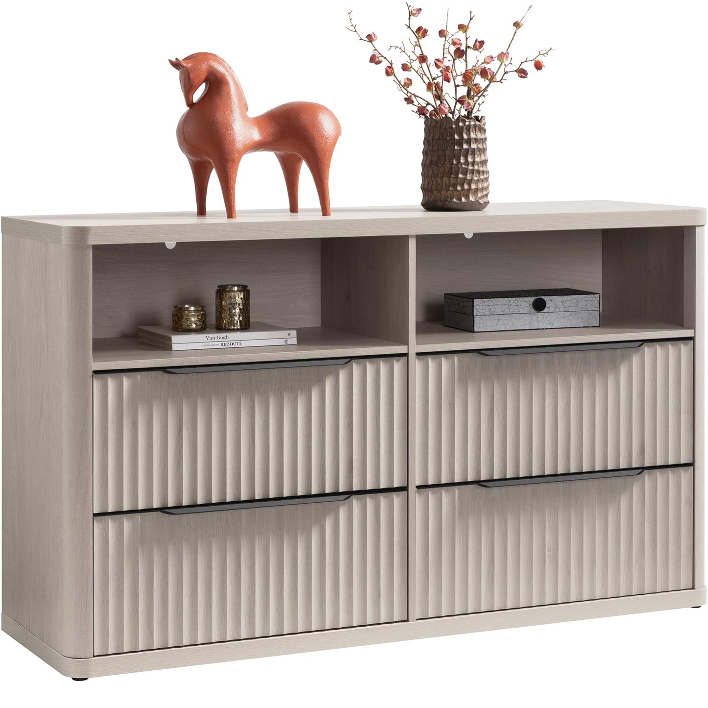 SICOTAS Dresser for Bedroom - Dressers & Chests of Drawers with 4 Drawers Large Modern Dresser for Closet with Open Shelf Fluted Wide TV Stand Clothes Closet Storage for Bedroom Hallway Entryway
