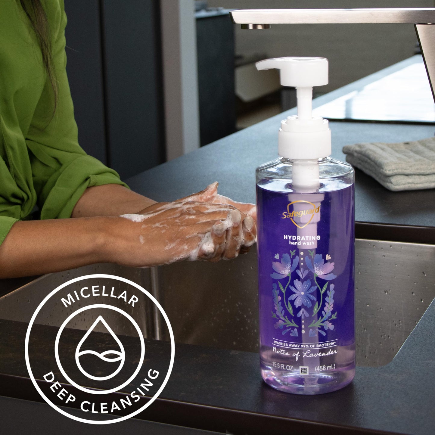 Safeguard Liquid Hand Soap, Micellar Deep Cleansing, Washes Away 99% Bacteria, Made with Natural Moisturizers, Enriched with Ski