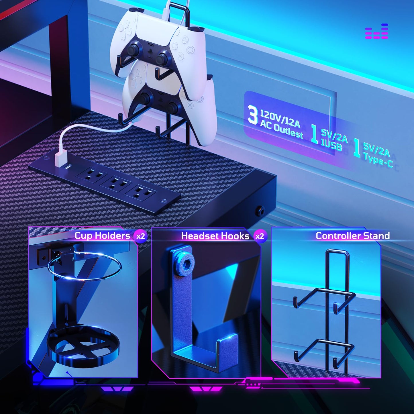 Bestier Computer Desk with Music Sync Light, Flow Vibe Corner Desk with Monitor Stand and PS5 Storage Shelves, Cup Holders, and Headset Hooks for Bedroom Small Space (Black Red, 42 Inch)
