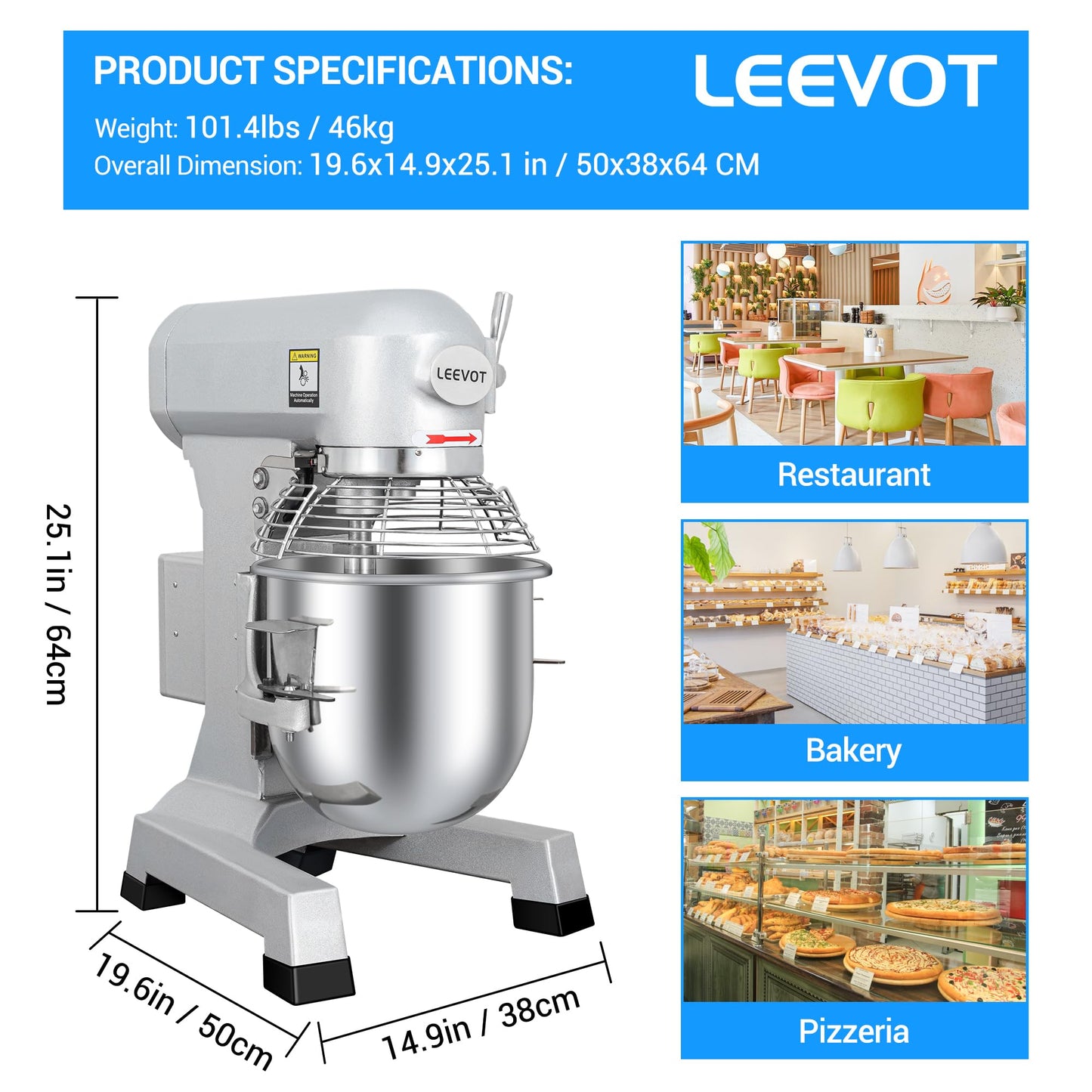 LEEVOT Commercial Food Mixer 15 Qt with 3-Speed Adjustment, 600W Commercial Mixer with Timer, Heavy Duty. Commercial Dough Mixer with Stainless Steel Bowl, Suitable for Bakeries and Pizzerias