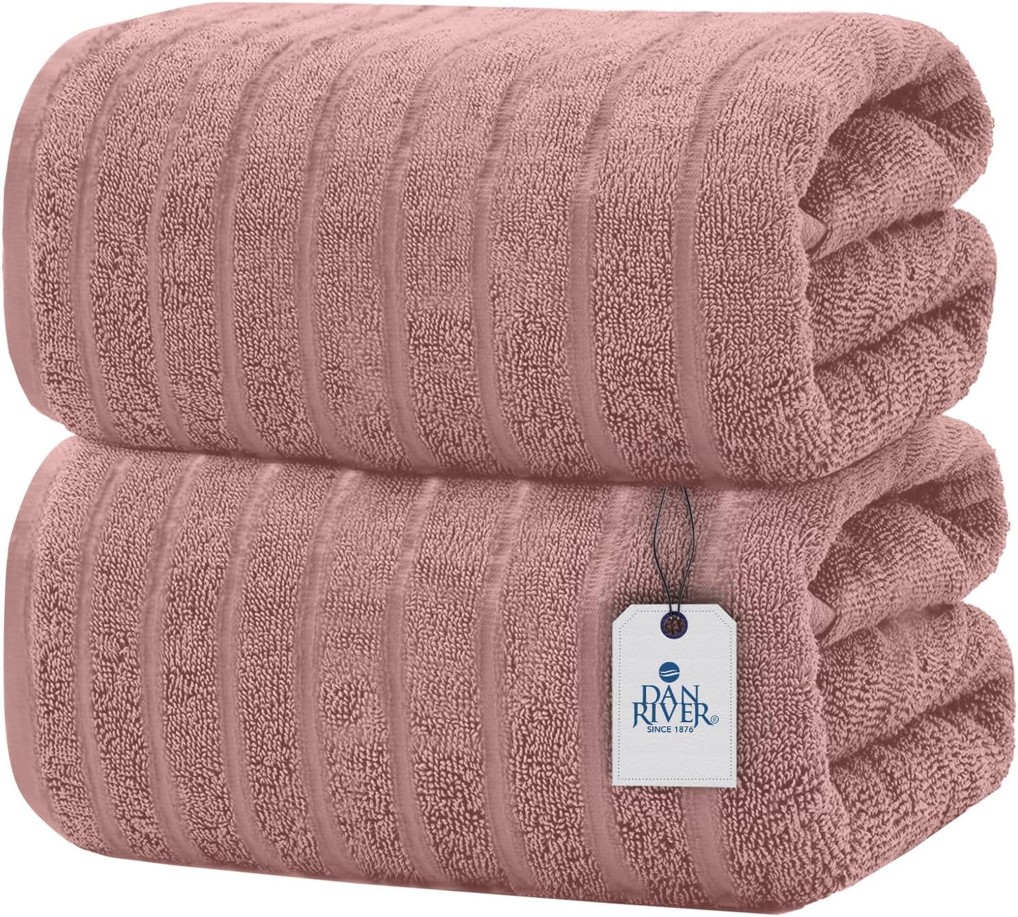 Dan River Pack of 2 Bath Sheet 35x70 Inches, Ribbed Oversized Towels for Adults, Quick Dry Plush Bath Towels - Dusty Rose