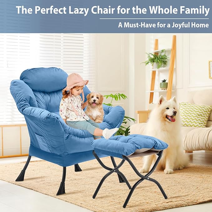 Youtanic Lazy Chair with Folding Ottoman, Accent Chair Velvet Upholstered with Metal Structure and Non-Slip Pads, Sofa Armchair with Footrest and Side Storage Bag for Dorm, Room, Office, Light Blue