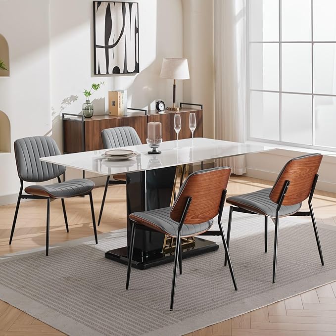 YaFiti Dining Chairs Set of 4, Mid Century Modern Accent Dining Room and Kitchen Chairs, Upholstered PU Leather Vertical Stripe Chairs for Vanity with Walnut Bentwood and Metal Legs, Gray