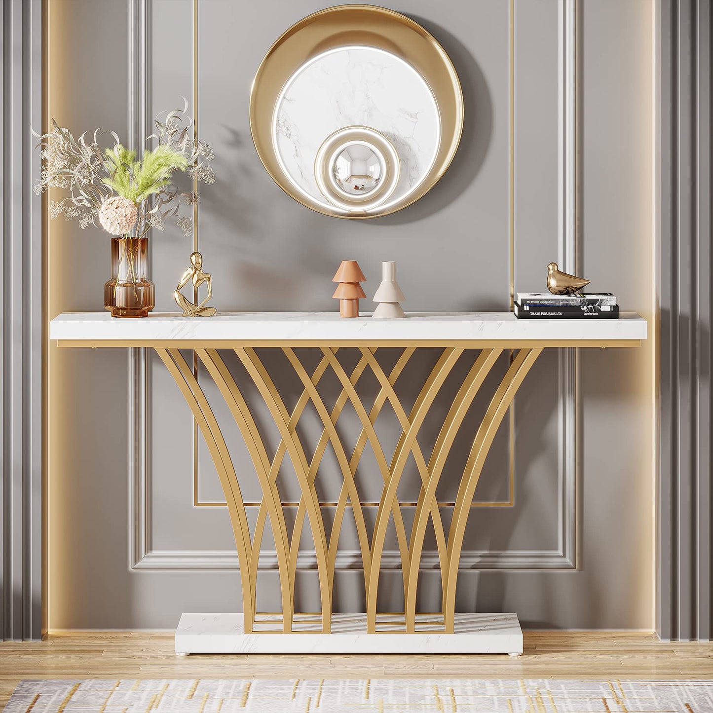 LITTLE TREE Narrow Entryway Console Table,Faux Marble White+Gold