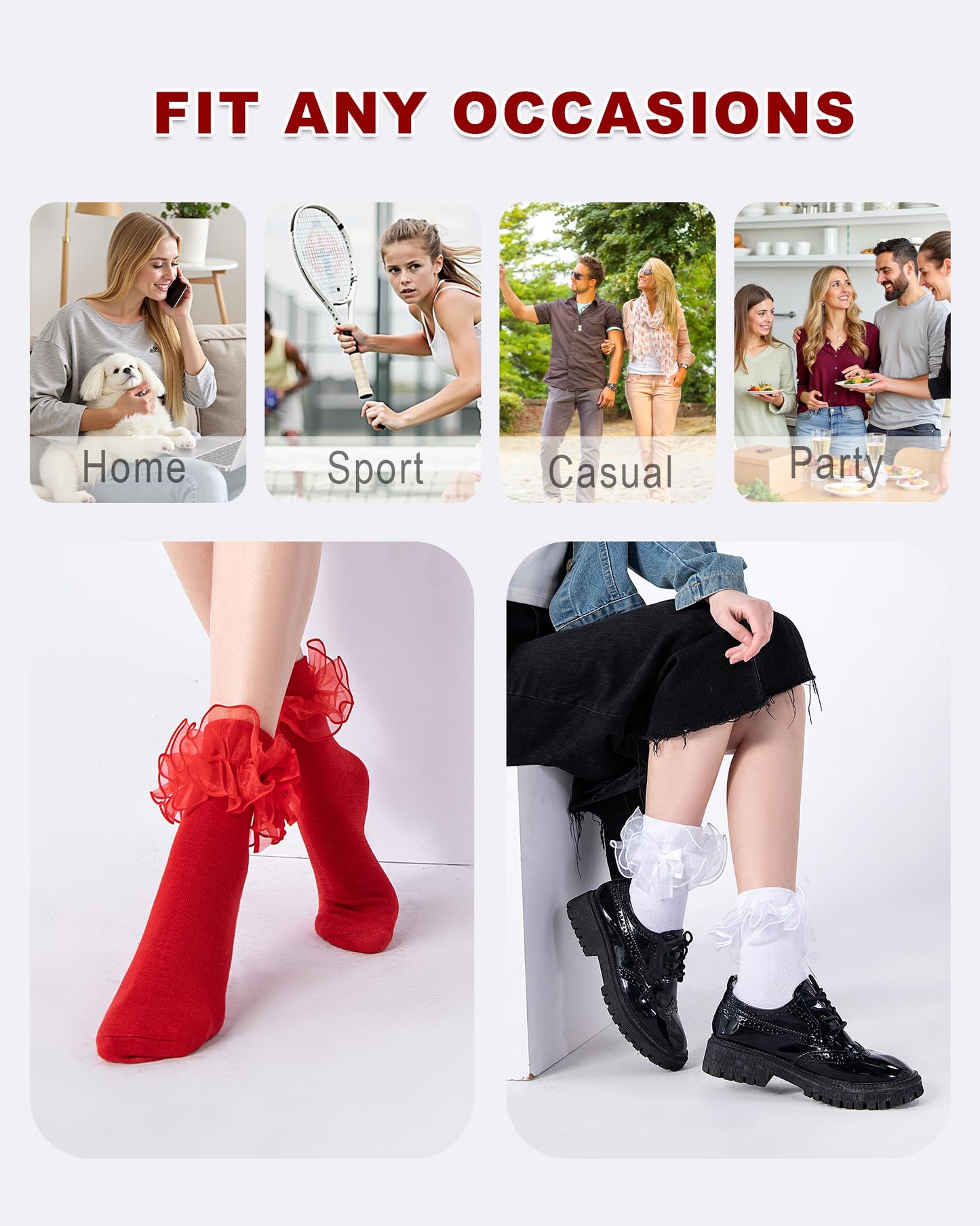 NiceBaby Women's Big Ruffle Socks Double Lace with Bows (White Black Red, Size 9-11)