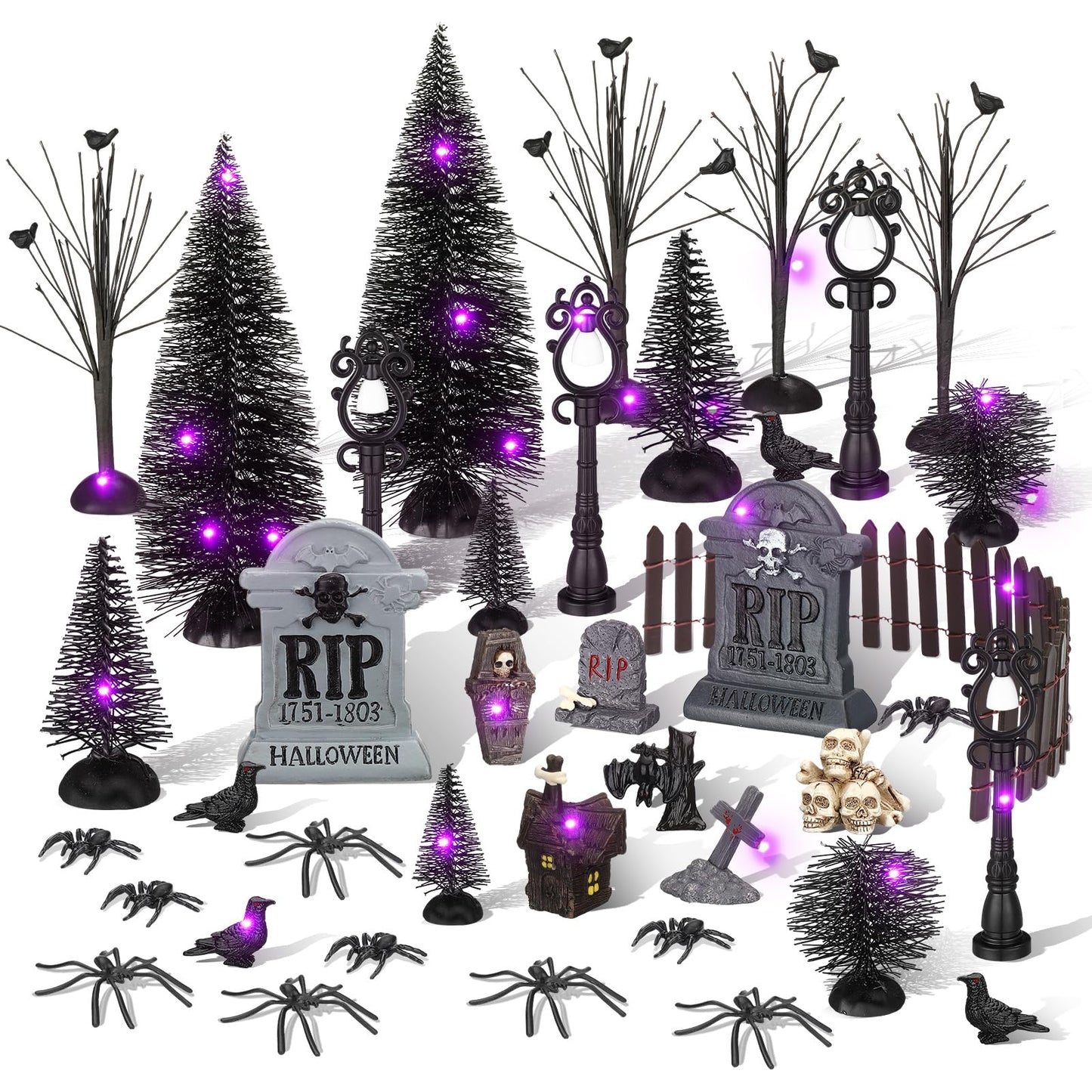 Zeyune 33 Pcs Halloween Village Accessories Set Miniature Halloween Figurines Bare Branches Bottle Brush Trees Tombstones Spiders Resin Horror Village Collections for Town Decorations