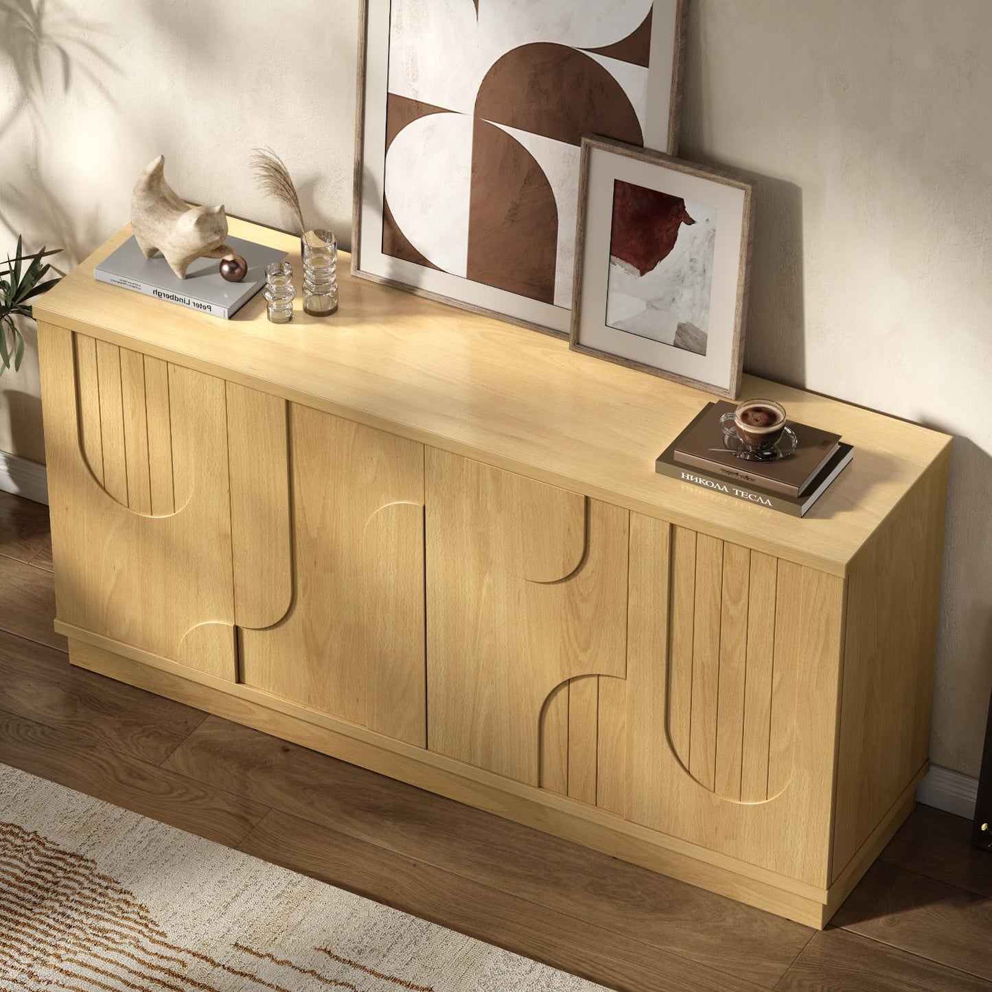 ONBRILL Modern 59" Sideboard Buffet Cabinet with Storage, Arched Finish Kitchen Storage Cabinet,Coffee Bar Console Table with 4 Doors and Adjustable Shelves for Living Room, Hallway, Natural
