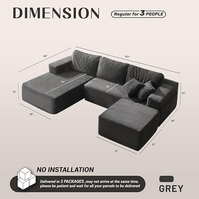 Afuson 107" Boneless Couch with Deep Seat, Modular Sectional Sofa, Cloud Sectional Couch for Living Room, No Assembly Required, Corduroy, U-Shape 3 Seater Left, Grey