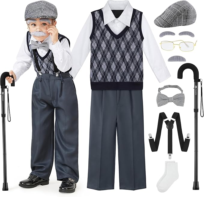 FancyFun 9 Pcs 100 Days of School Costume for Boys Old Man Costume for Kids Grandpa Dress Up Outfits Set