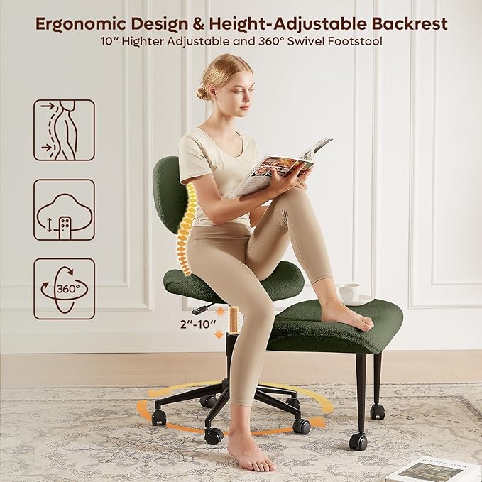 Cross Legged Office Chair with Wheels for ADHD, Ergonomic 360° Swivel Height-Adjustable Meditation Chair for Yoga, Wide Kneeling Chair with Strong Lumbar Support, Teddy Fabric, Green