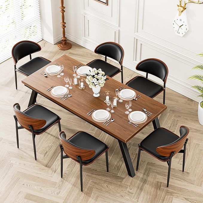 YaFiti Dining Chairs Set of 4, Dining Room and Kitchen Chairs, Mid Century Modern Retro Chair, Upholstered PU Leather Chairs for Vanity with Walnut Bentwood and Metal Legs (Black)