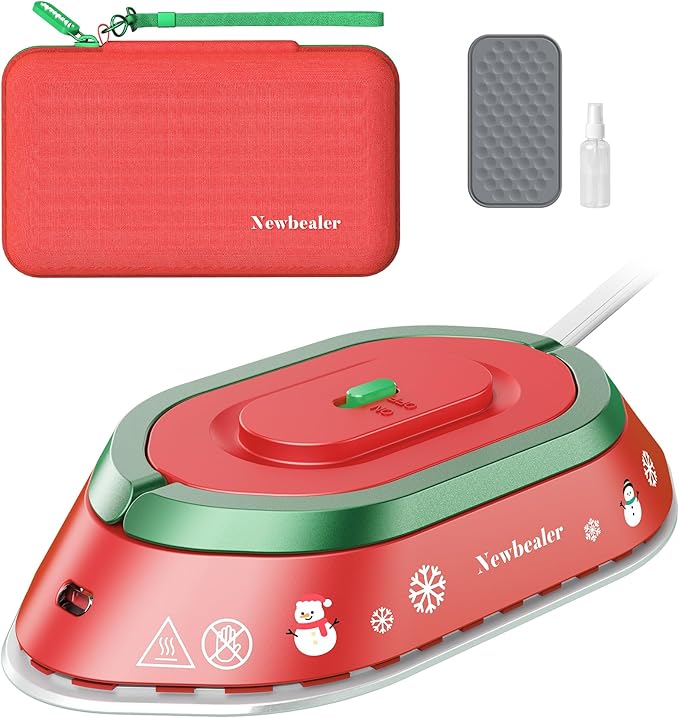 Newbealer Travel Iron with Global Voltage, Christmas Ready Gift, 100-240V Mini Dry Iron (No Steam), Max 300W, 60s Heat to 302℉, 0.8lbs, Festive Hard Case Included, Xmas Special Edition (Red)