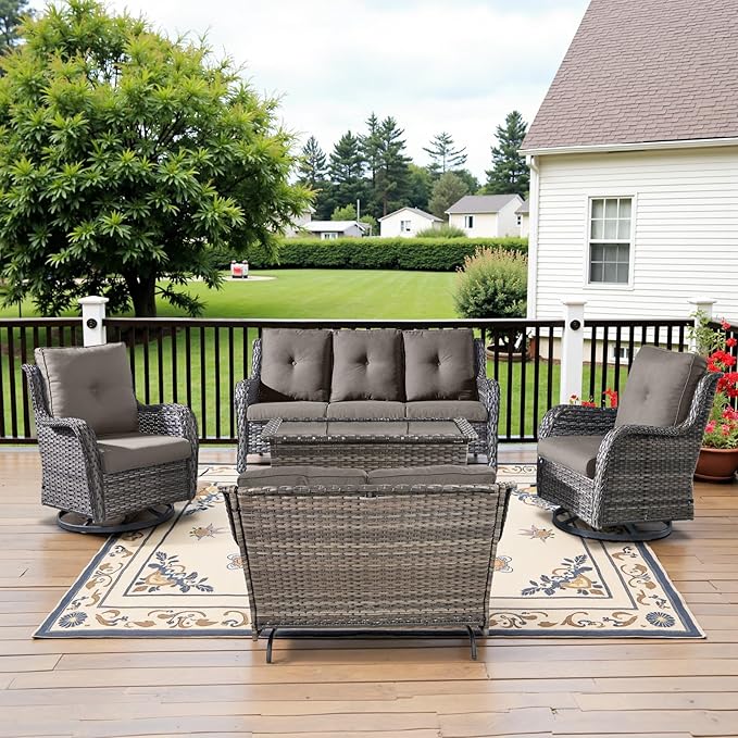 Belord 5 Piece Outdoor Patio Furniture Set - Outdoor Conversation Couch and Loveseat Glider Chair Furniture Set with Rattan Coffee Table for Deck Balcony Poolside Gray Wicker/Grey Cushions