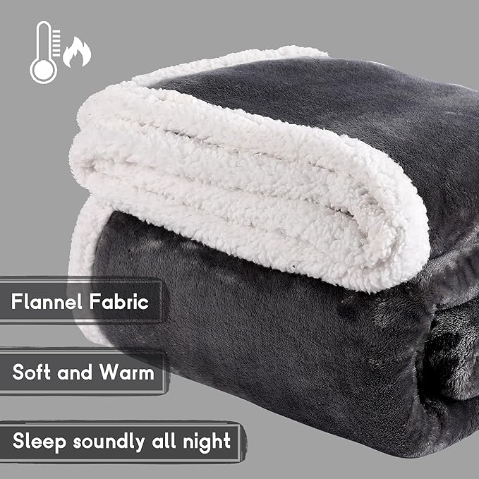 Heated Blanket Electric Throw Size 50''x60'' with 9 Heating Levels, 3 Hour Auto Shut Off, Machine Washable, Flannel & Sherpa Double-Sided Soft Warming Blanket for Couch, Bed, Office - Dark Grey