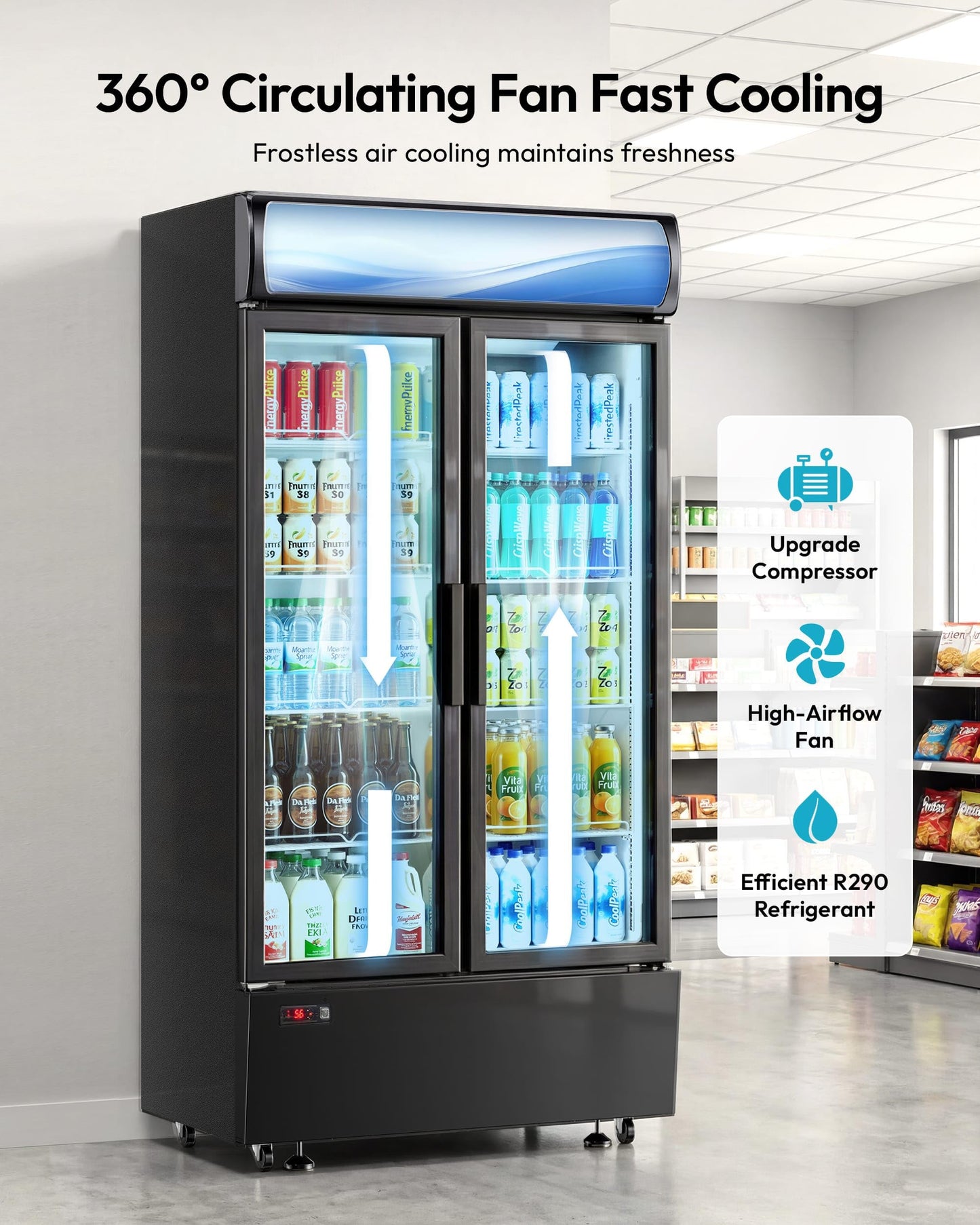 ICEVIVAL 21 cu.ft Commercial Refrigerators, Beverage Fridge with LED Light, 2 Glass Door Drink Merchandiser with 8 Adjustable Shelves, 32-50°F Digital Control ETL Certified Black