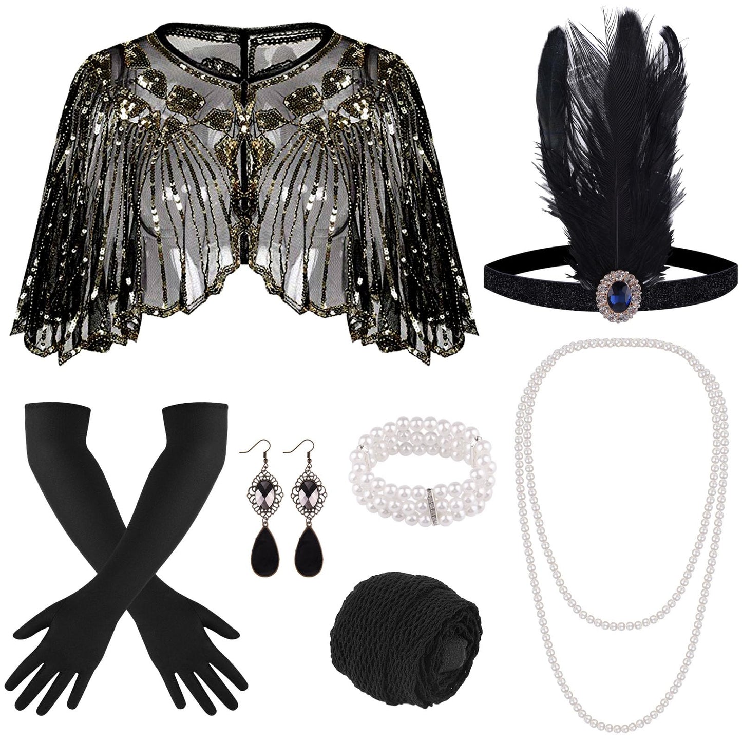 ELECLAND 10 Pieces 1920s Flapper Accessories Set Fashion Roaring 20's Theme Set with Headband Headpiece Long Black Gloves Necklace Earrings for Women (Black Gold)