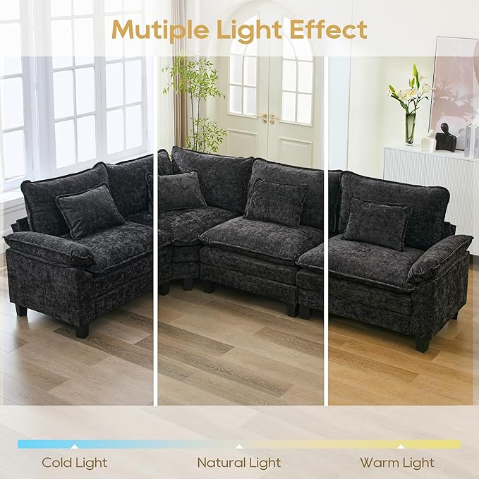 URRED Cloud Couch Modular Sectional Sofa, 116" Modern L Shaped Deep Seat Sofa with Pillows, Ultra Comfy Chenille Corner Couches for Living Room, Bedroom or Apartment, Black